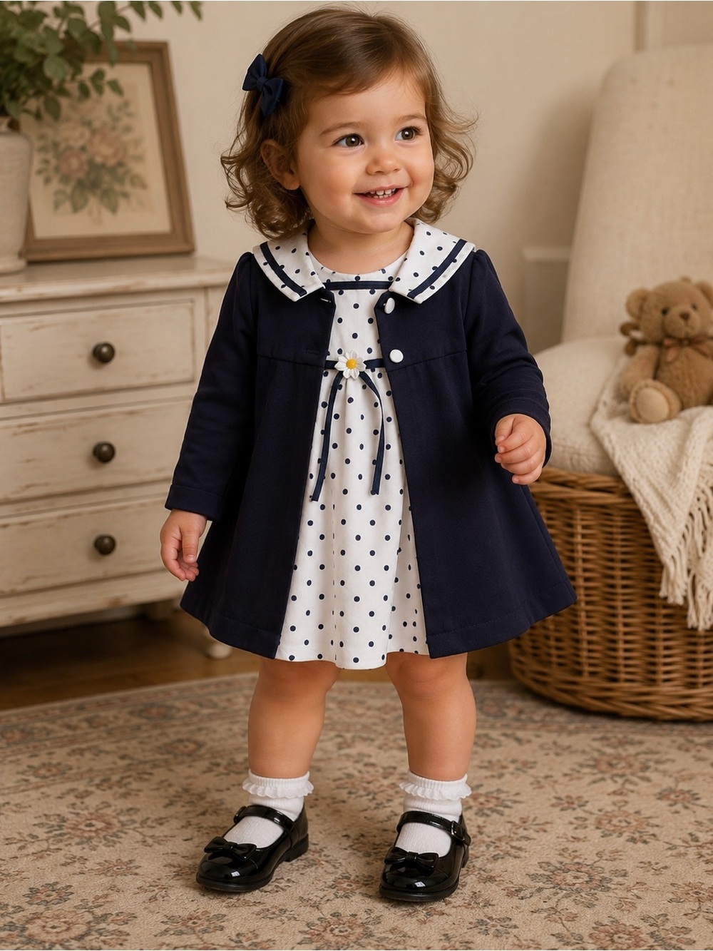 Jodee Fashions Navy Blue & Polka Dot Dress – Size 24 Months (New with Tags)